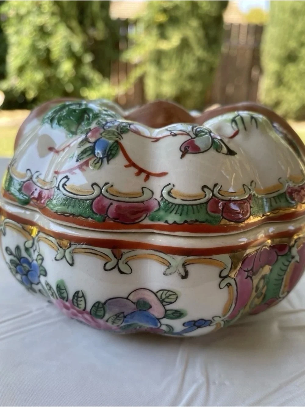 Rare Vtg Chinese Porcelain Trinket Famille Rose HandPainted Floral Jewelry Box